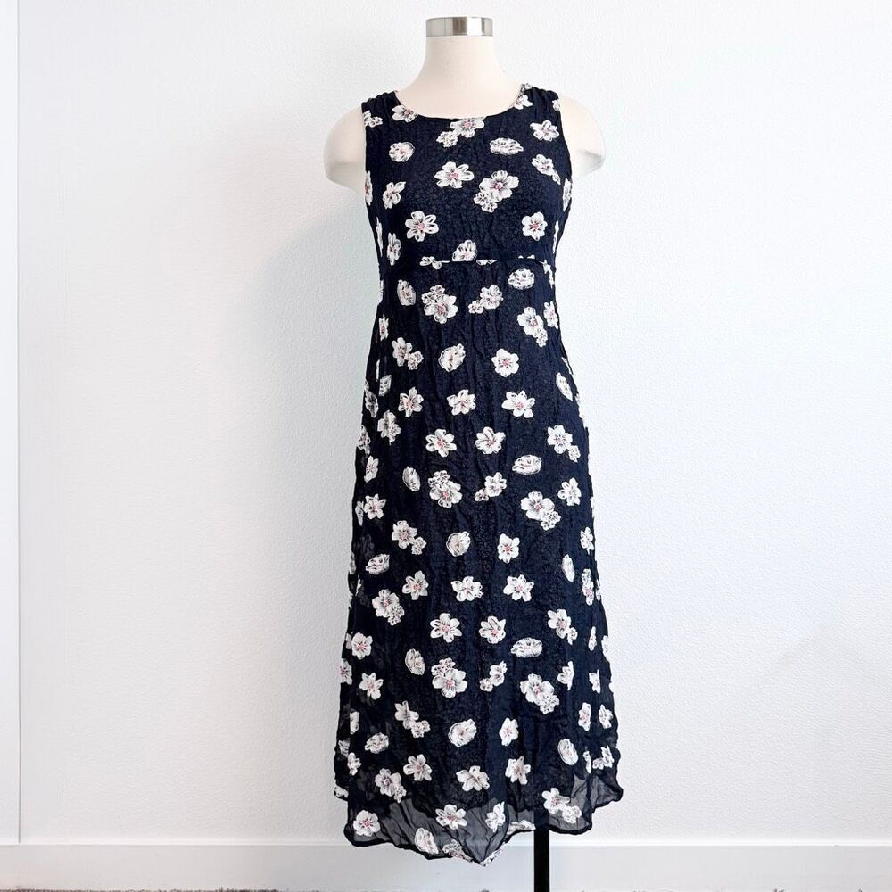 Sag Harbor Floral Sleeveless Midi Dress Medium Empire Reversible Black Blue